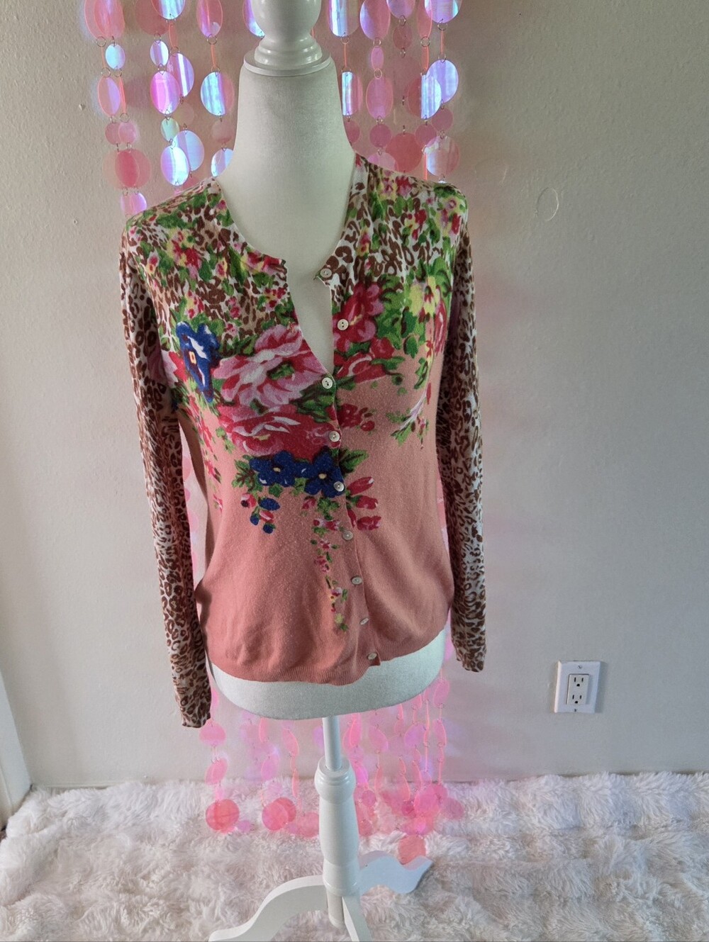 Joseph A Pink Floral Button-Down Cardigan with Leopard Sleeves
